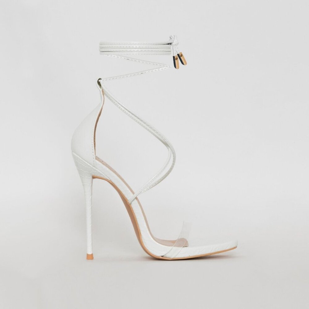 Simmi SHANIA WHITE PATENT PYTHON LACE UP STILETTO HEELS
